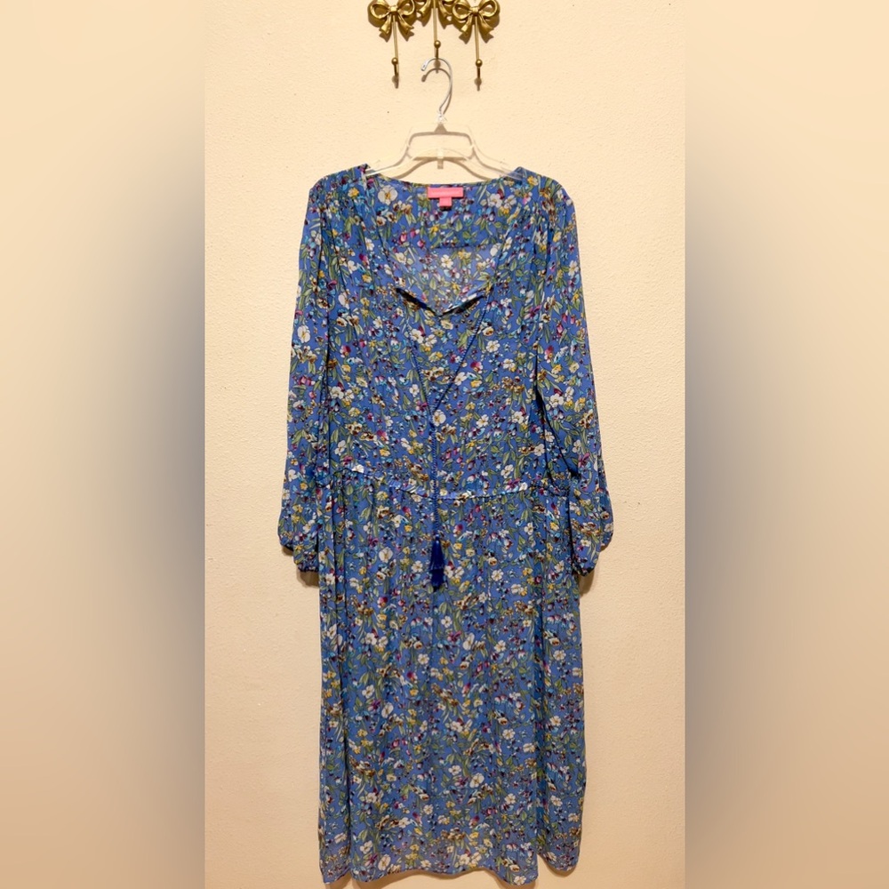 Woman Within Blue Floral Long Sleeve Dress Tassels at neck. Size 22.